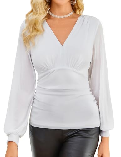 Damen V-Ausschnitt Hohe Taillen Pilssiert Oberteile Transparente Laternenärmel Bluse Glitzer Highlights Tops Weiß XXL von GRACE KARIN