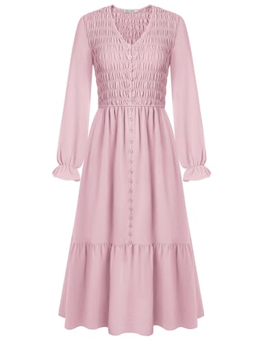 Damen V-Ausschnitt Langarm Freizeitkleid A-Linie Rüschen Casual Kleid Elegant Sommerkleid für Hochzeit Party Rosa L von GRACE KARIN