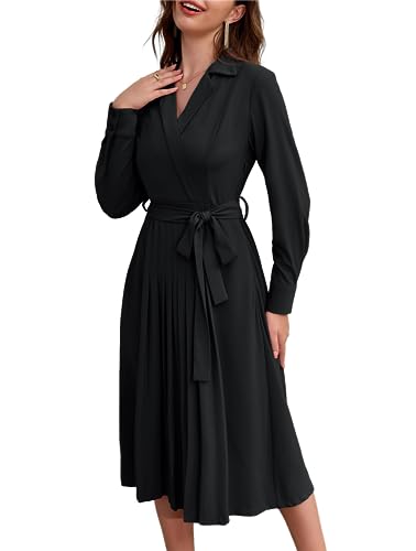 Damen V-Ausschnitt Midi A-Linie Kleid Langarm Eleagnt Businesskleid für Büro Vintage Brautjunferkleid mit Falten Hernst Kleid Schwarz M von GRACE KARIN