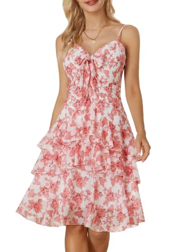 Damen V-Ausschnitt Schleifenknoten Midi-Kleider Spaghettiträger Rüschensaum Sommerkleid A-Linie Wickelkleid mit Blümchen XL Rosa Blumen von GRACE KARIN