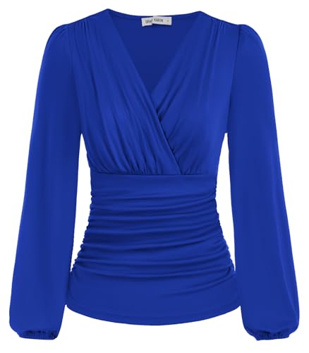 Damen V-Ausschnitt T-Shirt Langarm Einfarbig Slim Fit Plissee-Tops Tunika Blusen CL1341A22-08_0XL von GRACE KARIN