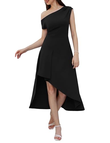 Damen Vintage A Linie Kleid Elegant Kalte Schulter Hohe Taille Cocktailkleid Schwarz L von GRACE KARIN