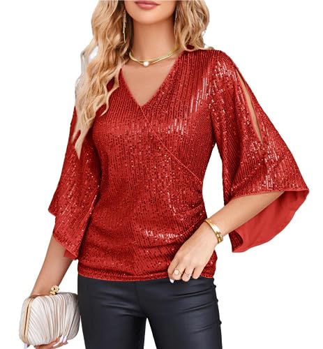 Damen Vintage Chic Top V-Ausschnitt Bluse 3/4 Ärmel Pailletten Party Top Basic Lässig Tunika mit Gerafftem Design Rot-2 Pailletten XXL von GRACE KARIN