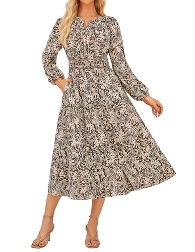 Damen Vintage Kleider Herbst A Line Hochzeit Festlich Cocktailkleid Lang Blumen Kleid CL37-02/Braune Blume XL von GRACE KARIN