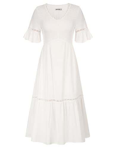 Damen Vintage Kurzarm Kleid Cocktail Kurzarm A-Linie V-Ausschnitt Kleid Elastische Taille Strandkleid Weiß CL1836S23-1_XL von GRACE KARIN