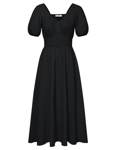 Damen Vintage Lange Freizeitkleid Renaissance Hohe Taille Kleid A-Linie Rüschen Urlaub-Kleid Baumwolle Weiche Kleid Schwarz L von GRACE KARIN