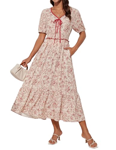 Damen Vintage Midi Blumenkleid Kurzarm V-Ausschnitt Sommerkleid A Linien Hochzeitsgast Kleid Beige-Rote Blumen XXL Damen Vintage Midi Blumenkleid Kurzarm V-Ausschnitt Sommerkleid A Linien Hochzeitsgast Kleid Beige-Rote Blumen XXL von GRACE KARIN