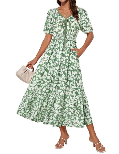 Damen Elegant Sommerkleid Midi Kurzarm V-Ausschnitt Blumenkleid A Linien Hochzeitsgast Kleid Grün Weiße Blume XXL von GRACE KARIN