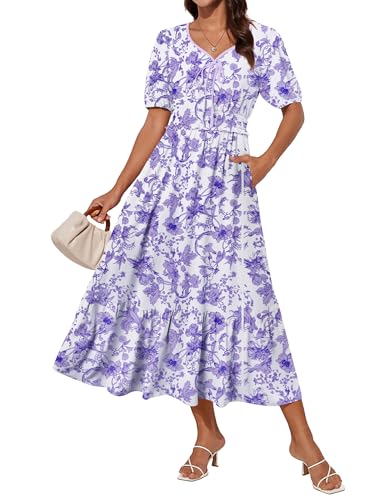 Damen Midi Sommerkleid Kurzarm V-Ausschnitt Vintage Blumenkleid A Linien Hochzeitsgast Kleid Lila Blumen L Damen Midi Sommerkleid Kurzarm V-Ausschnitt Vintage Blumenkleid A Linien Hochzeitsgast Kleid Lila Blumen L von GRACE KARIN