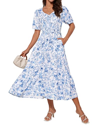 Damen Vintage Midi Blumenkleid Kurzarm V-Ausschnitt Sommerkleid A Linien Hochzeitsgast Kleid Weiß-Blaue Blumen XXL von GRACE KARIN