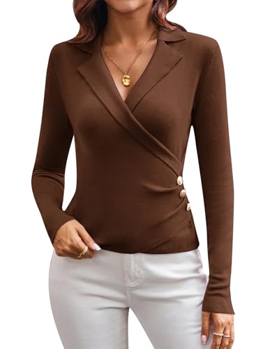 Damen Vintage Solid Farbe Revers Strickpullover Elegant Herbst Langarm Slim Fit Oberteil V-Ausschnitt Pullover Braun XL von GRACE KARIN