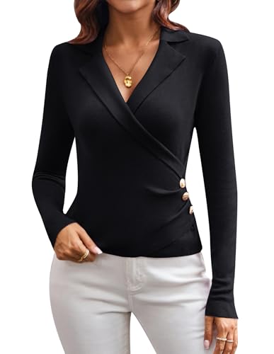 Damen Vintage Solid Farbe Revers Strickpullover Elegant Herbst Langarm Slim Fit Oberteil V-Ausschnitt Pullover Schwarz XL von GRACE KARIN