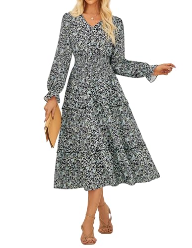 Damen Vintage V-Ausschnitt Blumenkleid Casual Langarm High Waist Loose Fit Wickelkleid mit Tasche Blaue Blumen-Schwarz XXL von GRACE KARIN