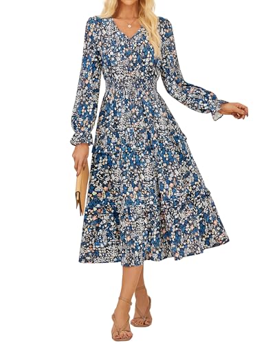 Damen Vintage V-Ausschnitt Blumenkleid Casual Langarm High Waist Loose Fit Wickelkleid mit Tasche Blaue Blumen XL von GRACE KARIN