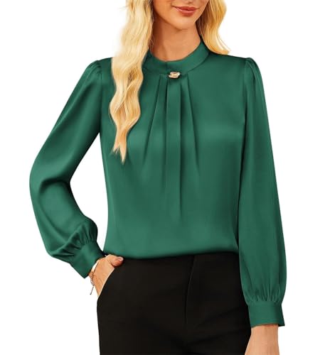 Damen Weiche Leichte Satin Bluse Klassische Gerade Schnitt Lockere Office Style Oberteil für Kleider Hosen Dunkelgrün XL von GRACE KARIN