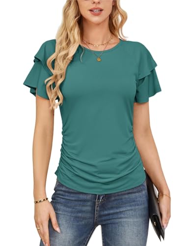 Damen Weiche Sport T-Shirt Basic Rundhalsausschnitt Bluse Gerafftes Oberteil Sommer Top Blau Grün XXL von GRACE KARIN