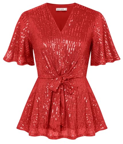 Damen Weihnachten Party Bluse Trompetenärmel Elegant Tunika Kurzarm Rüschen Halloween Tanzparty Shirt Winter Herbst Tops Rot L von GRACE KARIN