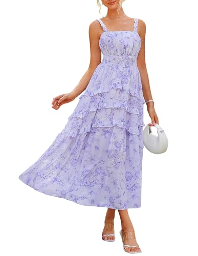 Damen langes Blumenkleid Ärmellos Spaghettiträger A Linie Maxikleid Elegant Strandkleid Freizeitkleid Hellviolette Blumen XXL von GRACE KARIN