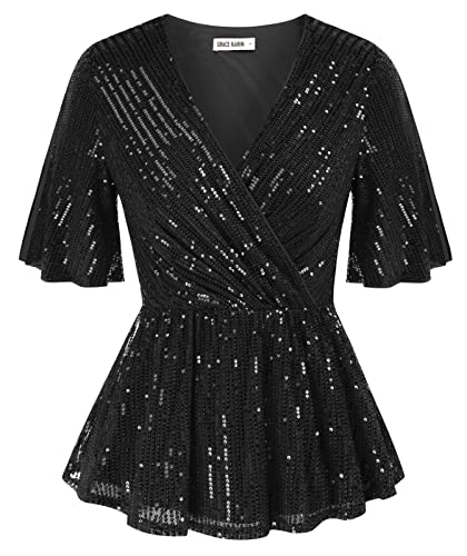 GRACE KARIN Damen Pailletten Oberteil Pailletten verziert Sparkle Blusen Tops Party Bluse M Schwarz von GRACE KARIN