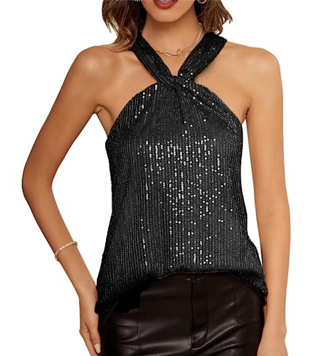 GRACE KARIN Damen Sexy Pailletten Tank Tops Loose Fit Trägershirt-Weste Tops Party Bluse M Schwarz CL1537A22-2 von GRACE KARIN