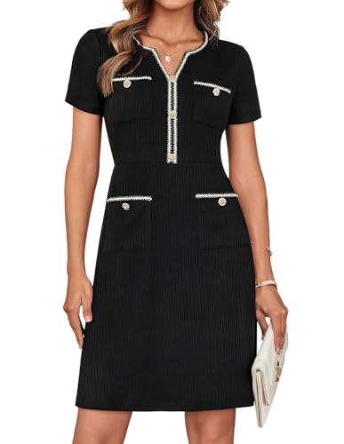 Damenkleider V-Ausschnitt Kurzer Ärmel Farbblock A-Linie Formelle Arbeitskleider mit Taschen für Party Cocktail Schwarz XL von GRACE KARIN