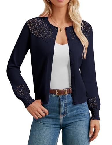 Dunkelblaue Strickjacken für Damen Gestrickt Cardigan Runhals Vintage Pullover Leichte Strickpullover Bolero Strick Cardigans XL von GRACE KARIN