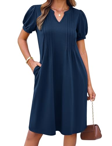 Einfarbige A Linie Kleider Damen Sommer Elegant V-Ausschnitt Freizeitkleider Plisse mit Taschen Business Marineblau S von GRACE KARIN