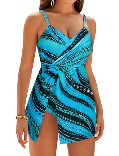 Einteiliger Badeanzug für Damen mit V-Ausschnitt kleines A-Linien-Strandkleid gedrehter Schlitz unter der Brust Blaugrüne Wellen M von GRACE KARIN