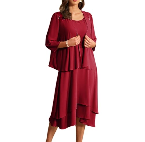 Elegant Midi Hochzeitsgastkleid Mutter der Braut Kleid Sexy Vintage Solid Farbe Ausgehen Paillettenkleid mit Chiffon-Schal Rotwein 42 von GRACE KARIN