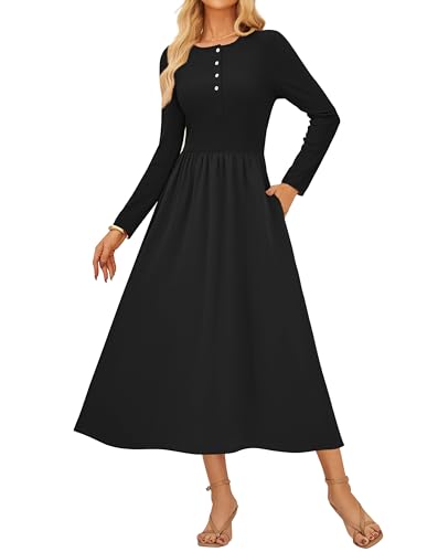 Elegante Kleider Damen A-Linien Rundhal Langarm Strickkleid Damen Herbst Lang mit Tasche Freizeitkleider Schwarz L von GRACE KARIN