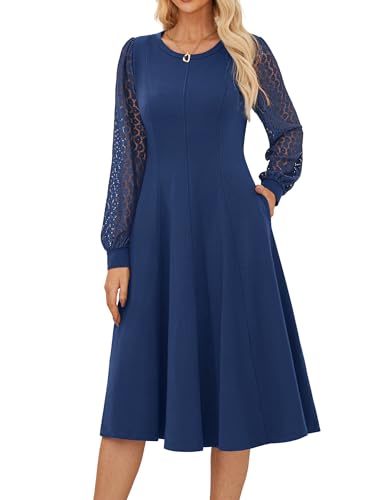 Elegante Sommerkleid Damen A-Linie Kleid Hochzeitsgast Vintage Geschnittenes Einfarbiges Midi Tailliertes Kleider Marineblau S von GRACE KARIN