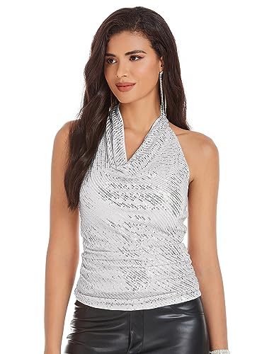 Fashion Elegant Wasserfall-Auschnitt Glänzendes Pailletten Weste Sexy Ärmelloses Neckholder Taillenfalten Tunika-Top Silber XL von GRACE KARIN