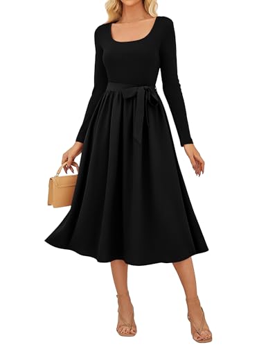 Festliche Kleider für Damen A-Linie Midi Langarm Rockabilly Kleider Damen Elegant Cocktailkleid Hochzeitsgast Schwarz XL von GRACE KARIN
