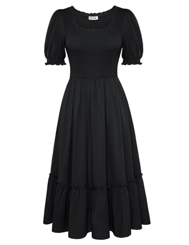 Herbstkleid Damen A-Linie U-Ausschnitt Midi Kleider Damen mit Tasche Elegant Kleid Hochzeitsgast Schwarz M von GRACE KARIN