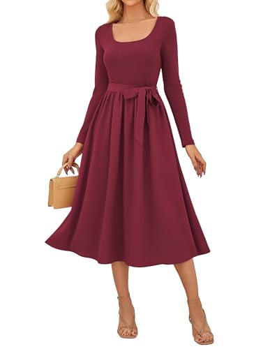 Festliches Kleid Damen Hochzeit A-Linie Langarm HerbstKleid Damen mit Tasche Freizeitkleid Rot L von GRACE KARIN
