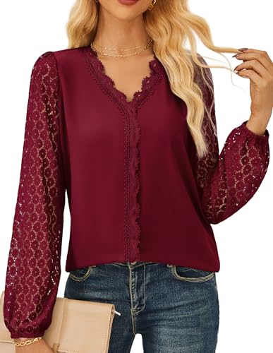 Frauen Bluse Modern Elegant V-Neck Langarm Tops Spitzenärmel Freizeit Loose Fit Hemd für Hochzeit CL0065-04/Weinrot L von GRACE KARIN