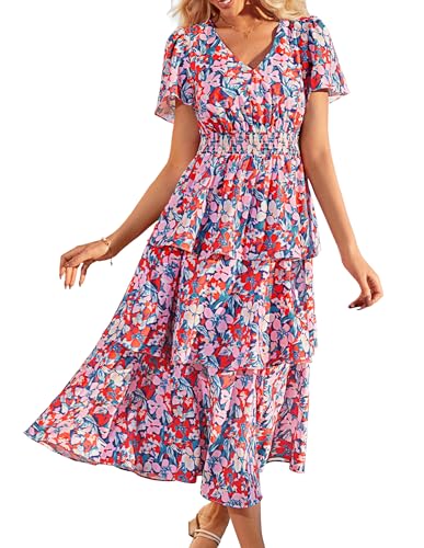Frauen Sexy Abendkleid Cocktailkleid Elegant A-Linie Brautjungfernkleid V-Ausschnitt Leichter Strandkleid Sommerkleid S Rote-Blaue Blumen von GRACE KARIN