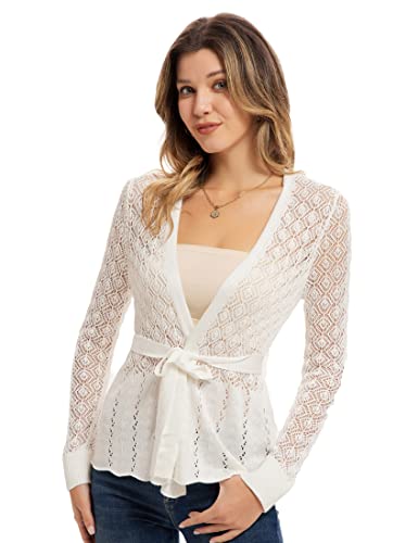 Frauen Sommer Cool Solid Farbe Lockere Passform Strickjacke Mode Damen Transparente Langarm Open Front Strickjacke Weiß M von GRACE KARIN