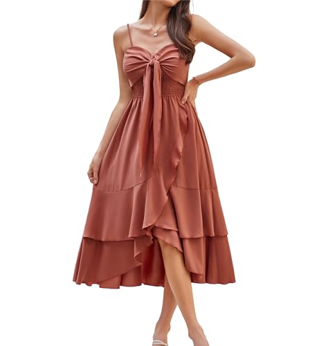 Frauen V-Ausschnitt Quasten Spaghetti Trägerkleid Elegant Rückenfreies Langes Kleider A-Linie Party Kleid Rosa M von GRACE KARIN