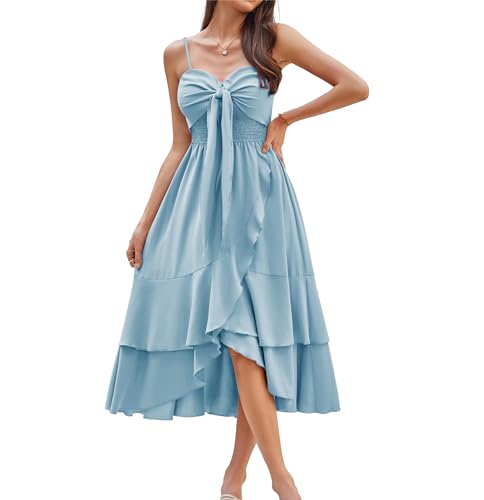 Frühling Sommer Herbst Mädchen Süß A-Linie Gerafftes Kleid Casual Vintage Spagettiträgern Maxi Kleid für Ferien Cocktail Hellblau XXL von GRACE KARIN