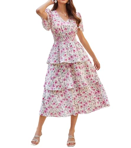 Frühling Sommer Herbst Mädchen Süß A-Linie Kleid Casual Vintage V-Ausschnitt Kurzarm Maxi Kleid für Ferien Cocktail S Rosa Blume von GRACE KARIN