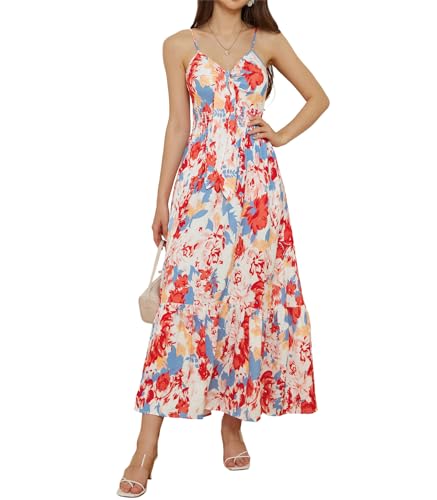 Frühling Sommer Herbst Mädchen Süß A-Linie Kleid Casual Vintage V-Ausschnitt Spaghettiträger Maxi Kleid für Ferien Cocktail M Rote Blumen und Blaue Blätter von GRACE KARIN