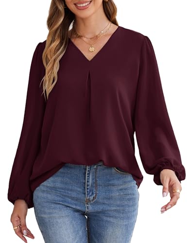 GARCE Karin Damen Elegant Langarm Hemdbluse Einfarbig V-Ausschnitt Chiffon Oberteil Weinrot L von GRACE KARIN