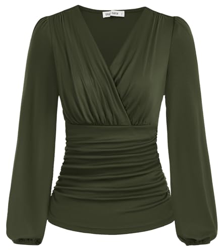 GRACE KARIN 2024 Damen-Oberteil, elegant, Wickelbluse, V-Ausschnitt, Arbeitshemden, Herbstmode, langärmelig, elegant, lässig, gerüschtes Oberteil, Grün (Army Green), Mittel von GRACE KARIN