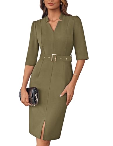 GRACE KARIN 2025 Damen Elegant Slim Fit Abendkleider Fashion V-Ausschnitt Hüftkleid mit Gürtel Business Work Kleid Grau Grün XL von GRACE KARIN