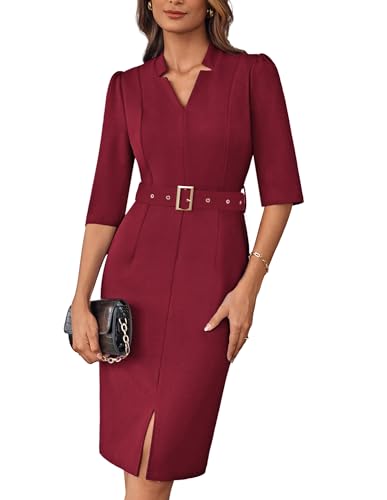 GRACE KARIN 2025 Damen Festlich Kurzarm Cocktailkleid Vintage Slim Fit Party Hochzeit Bodycon Bleistiftkleid Weinrot M von GRACE KARIN