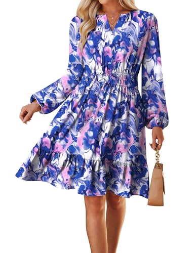 GRACE KARIN 2025 Damen Langarm Henley V-Ausschnitt gesmokte Taille Floral Mini gestufte A-Linie Kleider mit Taschen, Blau/Pink, Mittel von GRACE KARIN