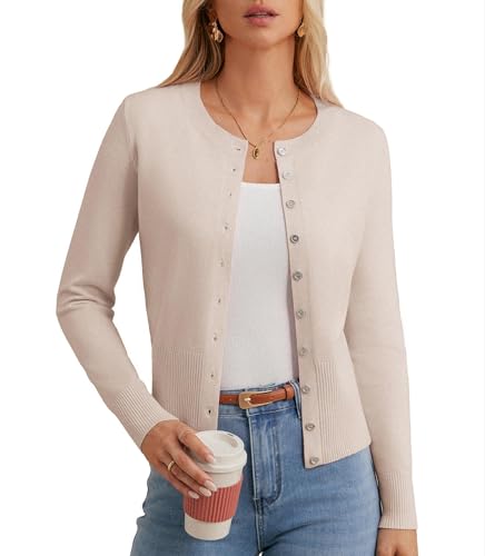 GRACE KARIN 2025 Damen Langarm Rundhals Strickjacke Casual Slim Fit Open Front Solid Farbe Pullover Aprikose L von GRACE KARIN