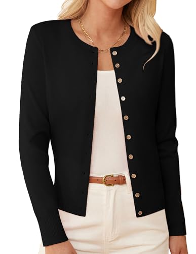 GRACE KARIN 2025 Damen Langarm Rundhals Strickjacke Casual Slim Fit Open Front Solid Farbe Pullover Schwarz L von GRACE KARIN
