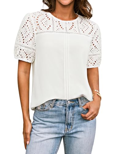 GRACE KARIN 2025 Damen Rundhals Hohles Patchwork Bluse Sommer Locker Passform Shirts Strickpullover Weiß XXL von GRACE KARIN